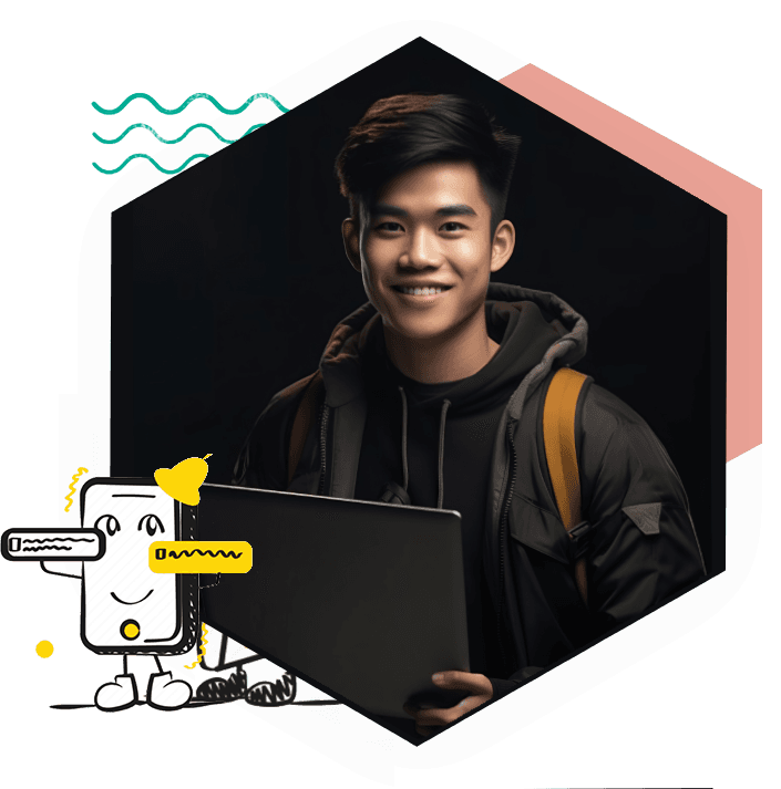 young student with computer, smiling