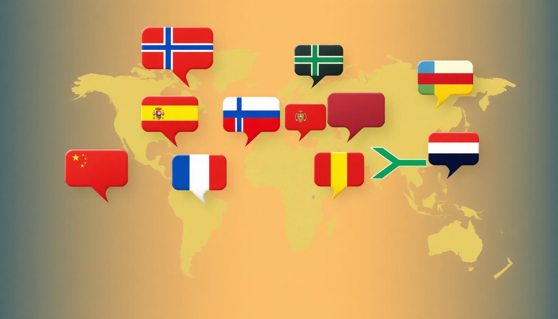 World map with colorful speech bubbles representing the 10 fastest languages for English speakers to learn