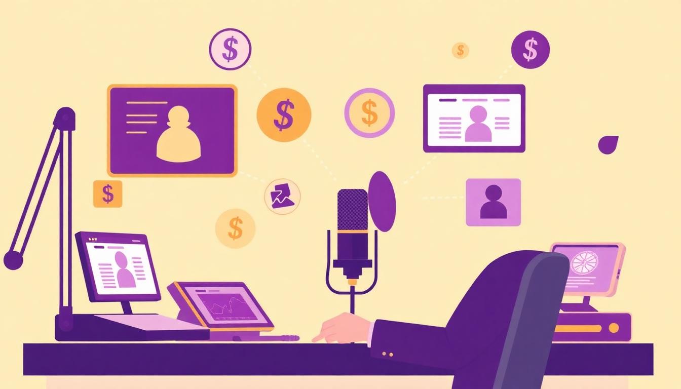 7 podcast monetization strategies — editorial illustration of a podcaster with microphone and multiple income stream icons