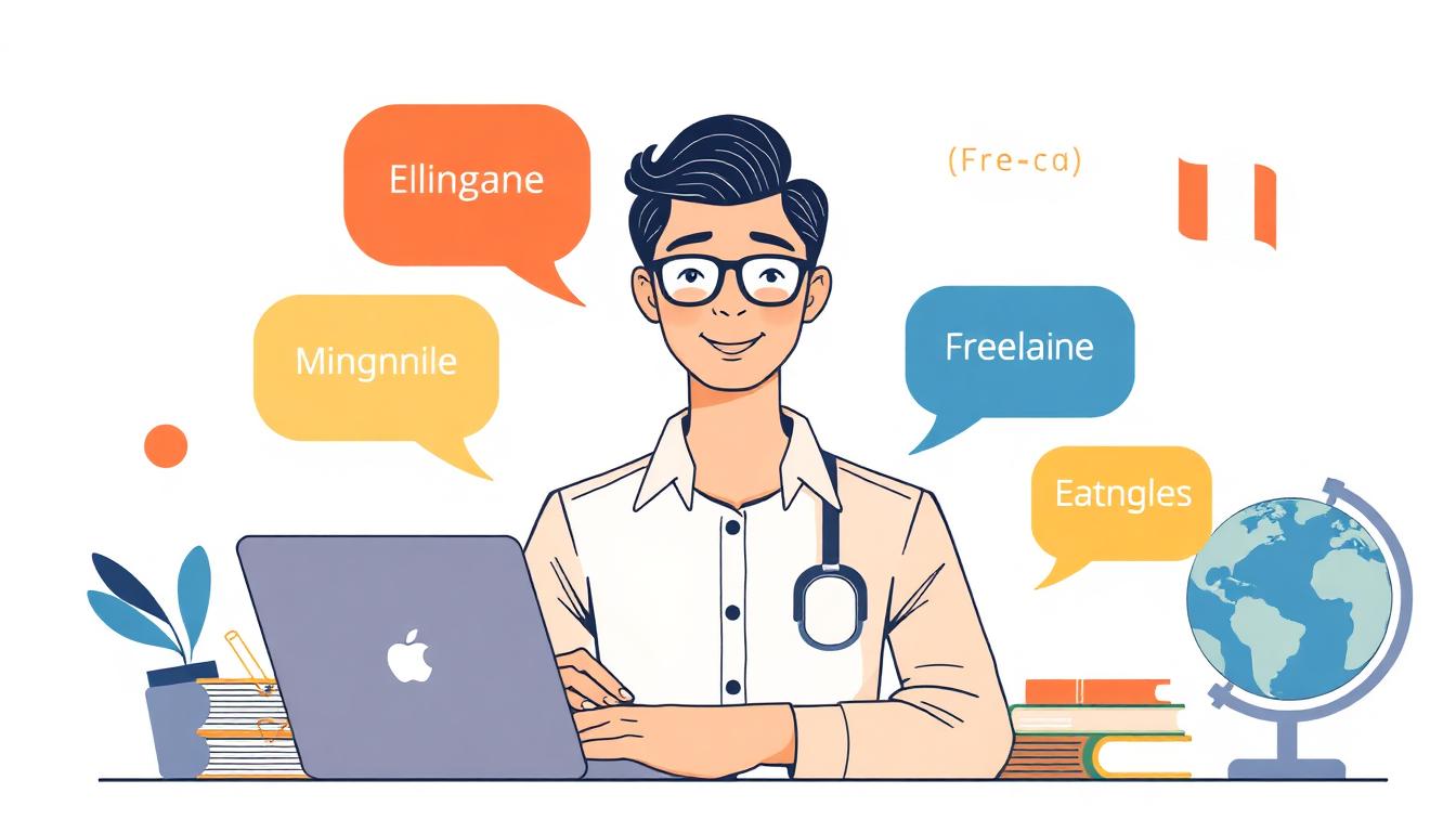 8 Ways Being Bilingual Translates Into a Side Income — editorial illustration of bilingual professional with speech bubbles