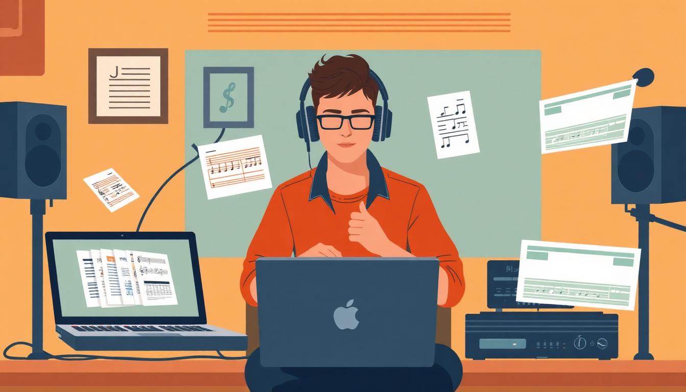9 ways to make money in music without being famous — editorial illustration of a musician in a home studio with multiple income streams
