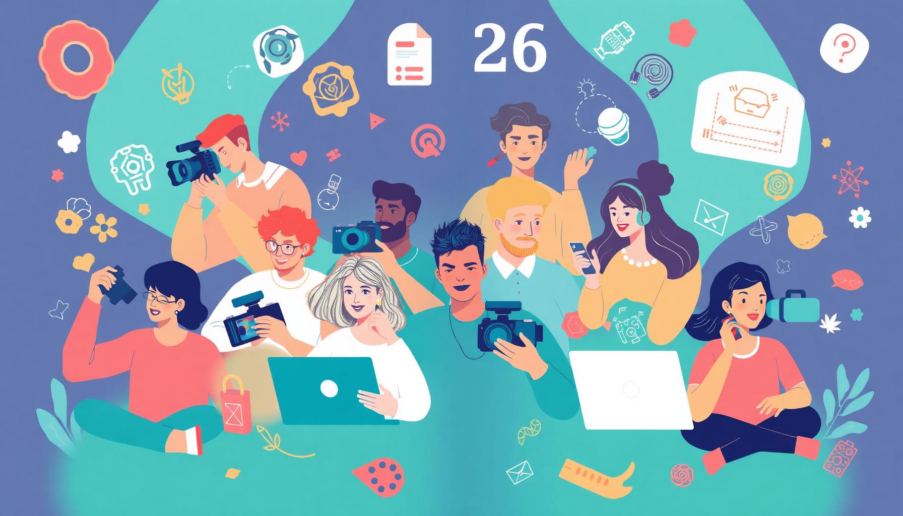 Illustration of diverse content creators working across growing niches in 2026 including AI, wellness, sustainability, and career coaching