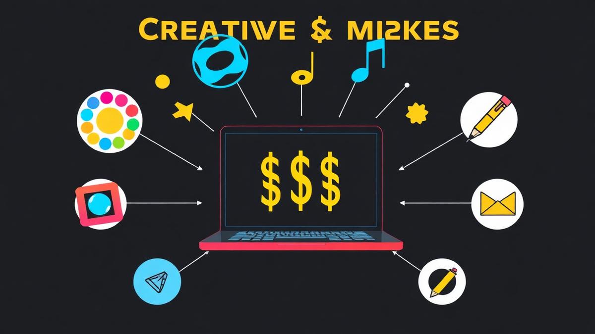 Creative skills monetization concept with art, design, music and writing tools radiating from a laptop