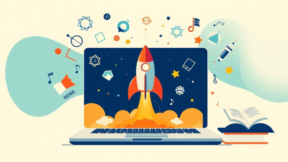 Online tutoring business launch concept with rocket launching from laptop surrounded by subject icons