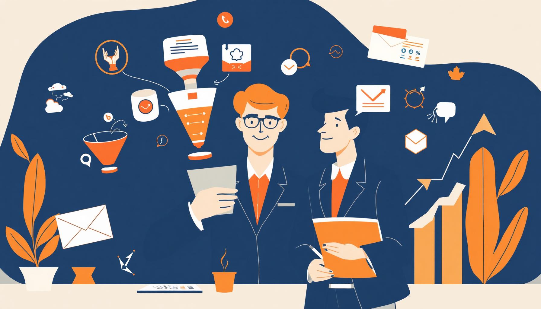 Illustration of a marketing mentor guiding a professional through client acquisition strategies including funnels, email campaigns, and growth charts