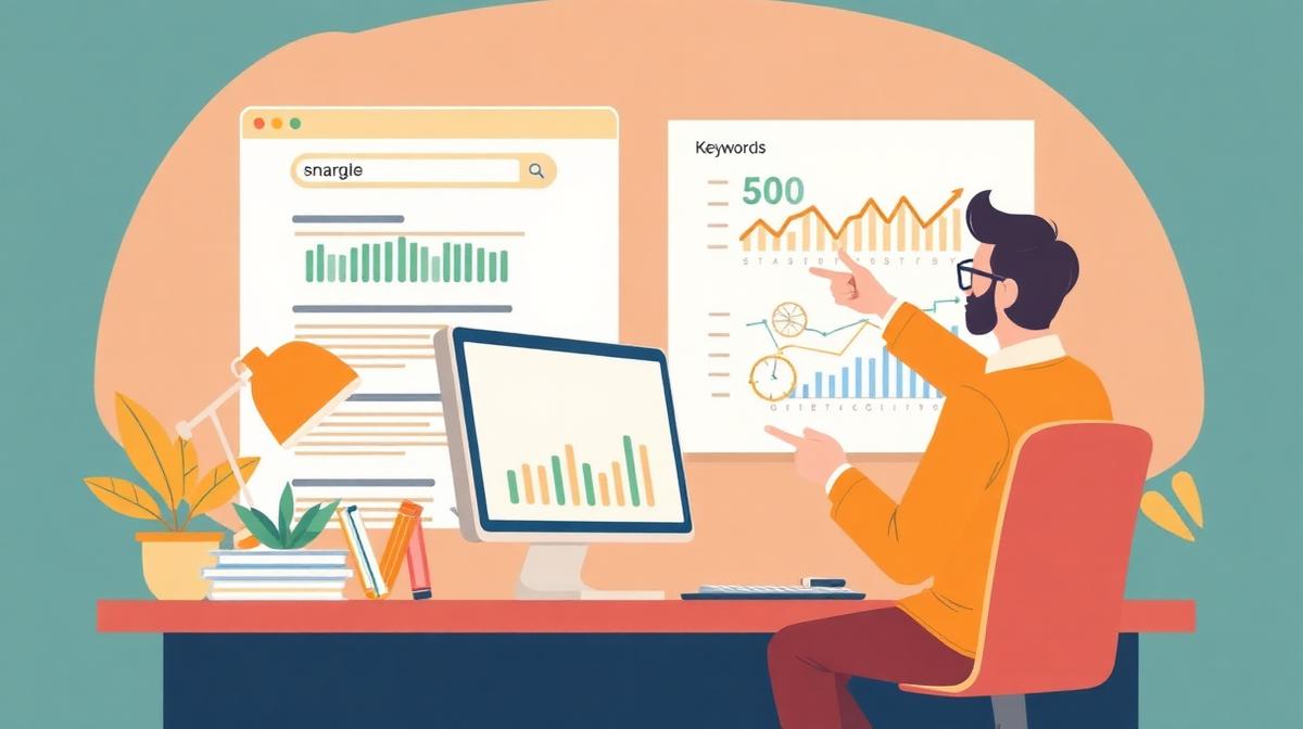 10 SEO skills worth learning from a real expert — editorial illustration of SEO workspace with ranking charts