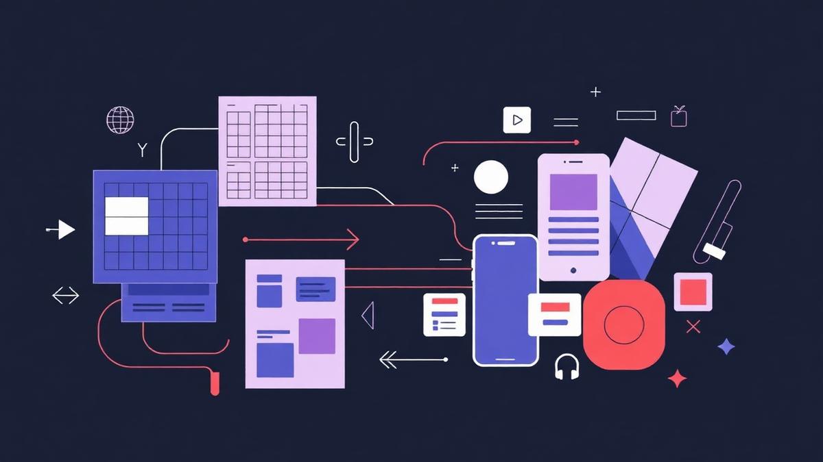 UX/UI design mentorship concept with wireframes, mobile screens, and design system components