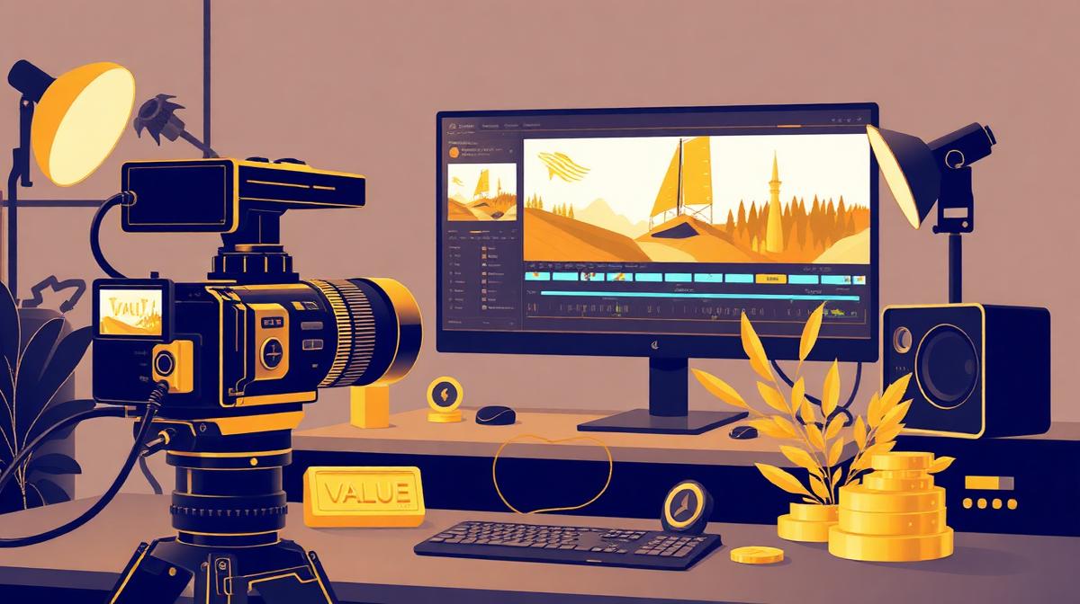 8 video content skills worth their weight in gold for freelancers — editorial illustration of a professional video editing workspace